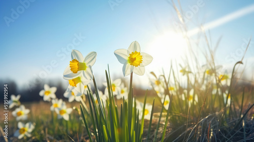Yellow Daffodils, Blooming Floral Banner for Easter and Spring Celebrations. Narcissus Flowers on a Meadow, Sunny Spring Garden