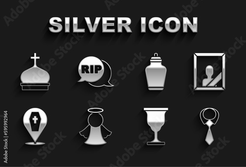 Set Angel, Mourning photo frame, Tie, Christian chalice, Coffin with cross, Funeral, Church tower and Speech bubble rip death icon. Vector