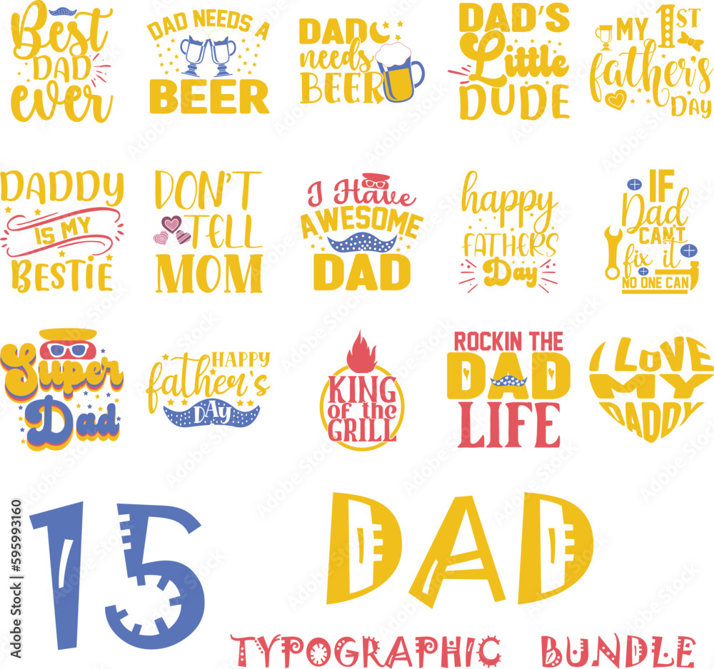 Dad Yellow Typography on White Background. Father's Day Daddy Quote Slogan and Saying for Print on Demand Industry.