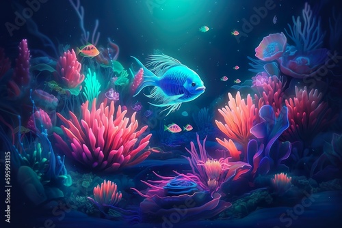 Illustration sous-marine de poissons et coraux © Haldor