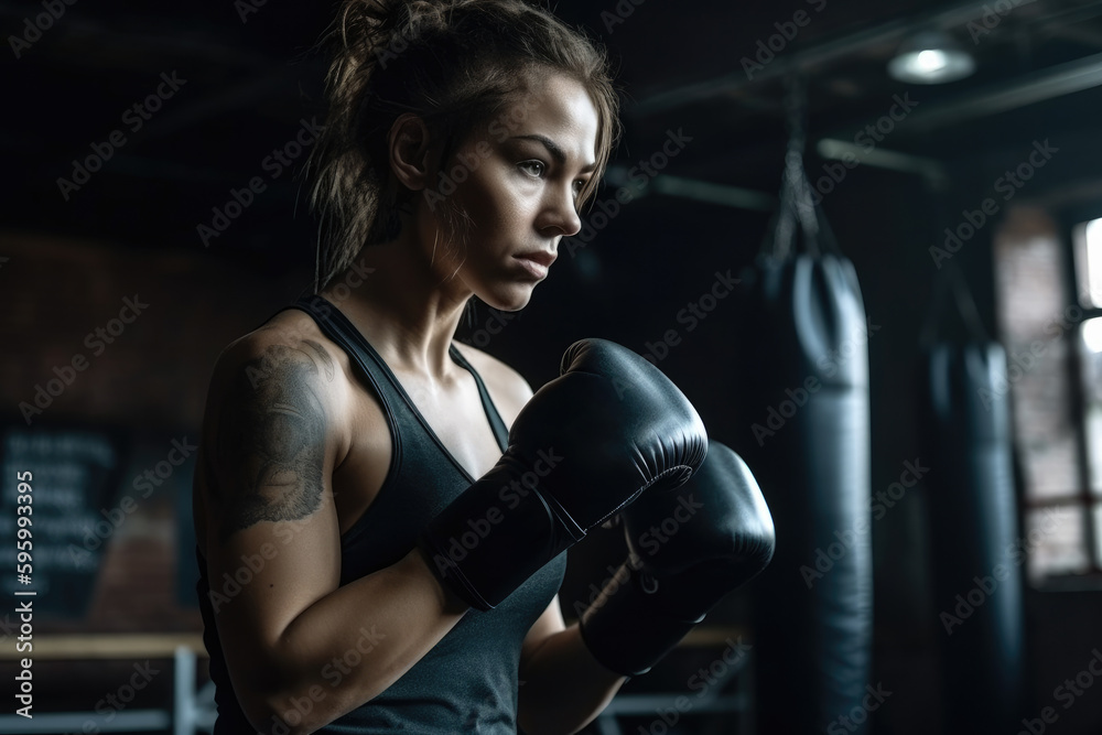 A beautiful woman practicing boxing in a gym. Composite with different elements made with generative AI