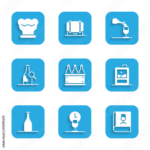 Set Bottles of wine in box, Wine time, Book about, Cardboard, tasting, degustation and Chef hat icon. Vector
