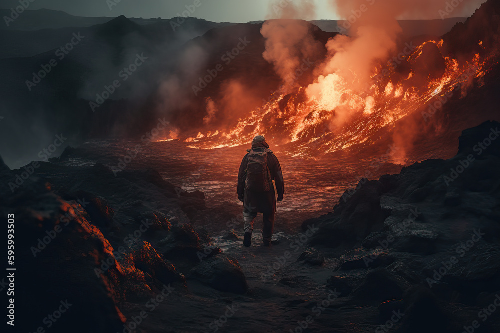 Volcanologist approaching the crater of a volcano with incandescent lava.  Composite with different elements made with generative AI