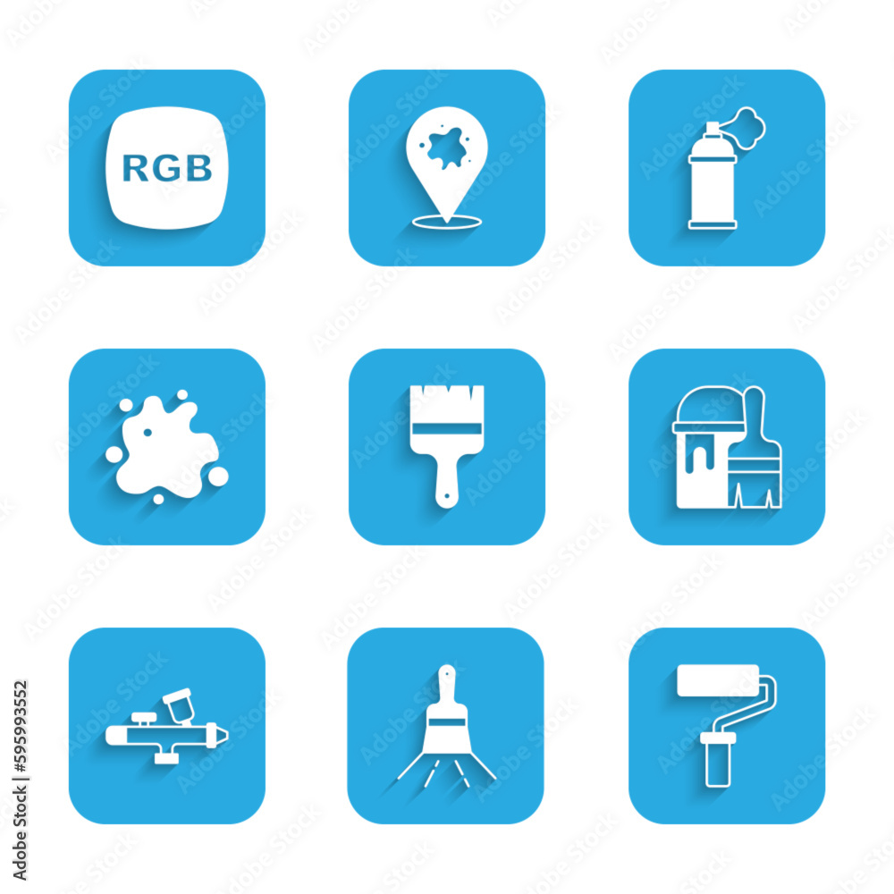 Set Paint brush, roller, bucket with, spray gun, can and RGB icon. Vector Set Paint brush, roller, bucket with, spray gun, can and RGB icon. Vector