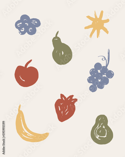 Fruit set. Manual imitation of a dry brush. Abstract drawing of banana, strawberry, apple, avocado, grape, flower, sun. Fruit figurines are hand-drawn. Artistic design elements. Vector illustration