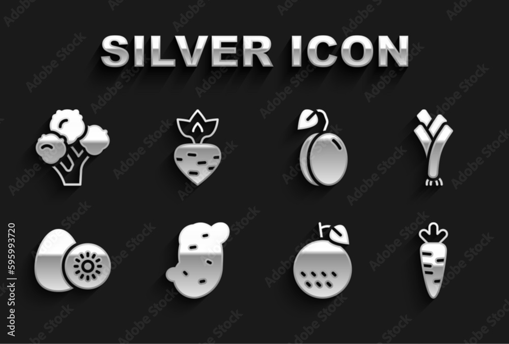 Set Potato, Leek, Carrot, Orange fruit, Kiwi, Plum, Broccoli and Turnip icon. Vector Set Potato, Leek, Carrot, Orange fruit, Kiwi, Plum, Broccoli and Turnip icon. Vector
