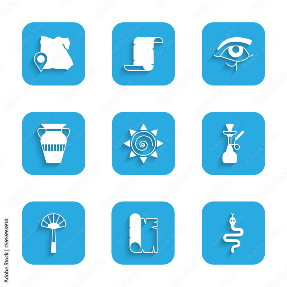 Set Sun, Papyrus scroll, Snake, Hookah, Egyptian fan, vase, Eye of Horus and Map icon. Vector Set Sun, Papyrus scroll, Snake, Hookah, Egyptian fan, vase, Eye of Horus and Map icon. Vector