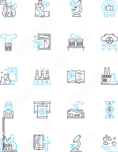 Chemical synthesis linear icons set. Reaction, Compound, Mixture, Catalyst, Solvent, Precursor, Pathway line vector and concept signs. Yield,Purification,Mechanism outline illustrations