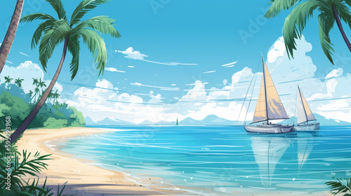 Illustration of summer scene in a tropical island with palm trees. Image Generative AI.
