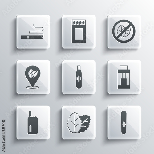 Set Tobacco leaf, Cigar, Vape mod device, Electronic cigarette, Cigarette and No tobacco icon. Vector