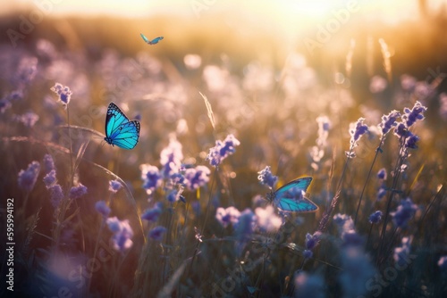 Close-up of light blue wildflowers and fluttering butterflies in a field, captured in an artistic and magical image with blue and purple tones. Generative AI