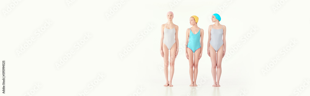 Three young girls standing in retro style swimsuits and swimming cap isolated over white background. Training, athletes. Retro style, sport, fashion, youth, vintage concept. Banner. Copy space for ad Three young girls standing in retro style swimsuits and swimming cap isolated over white background. Training, athletes. Retro style, sport, fashion, youth, vintage concept. Banner. Copy space for ad