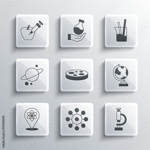Set Virus, Microscope, Earth globe, Petri dish with bacteria, Atom, Planet Saturn, Genetically modified apple and Laboratory glassware icon. Vector