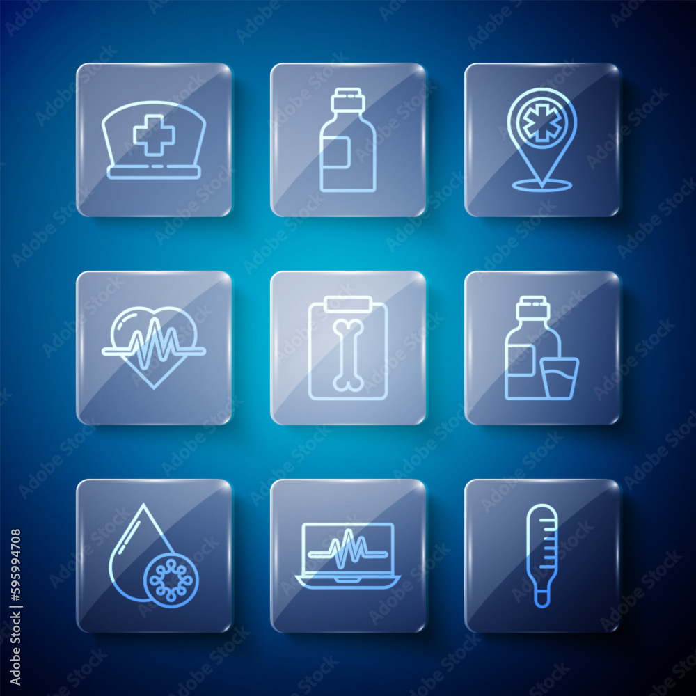 Set line Blood test and virus, Laptop with cardiogram, Medical thermometer, Map pointer cross hospital, X-ray shots, Heart rate, Nurse hat and Bottle of medicine syrup icon. Vector Set line Blood test and virus, Laptop with cardiogram, Medical thermometer, Map pointer cross hospital, X-ray shots, Heart rate, Nurse hat and Bottle of medicine syrup icon. Vector