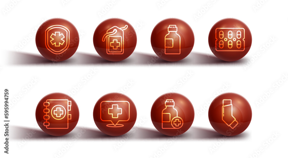 Set line Medical shield with cross, clipboard, Pills in blister pack, Bottle of medicine syrup, Map pointer hospital, Cross medical tag, Inhaler and icon. Vector