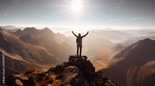 Photographie A victorious hiker stands on a mountain peak, arms raised in awe of the breathtaking panoramic view illuminated by the warm, dramatic sunlight and striking shadows