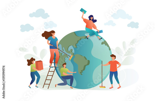 People clean up the planet and take care of it Earth day concept. Illustration of the green planet earth on a white background.Environment day, environmental protection.