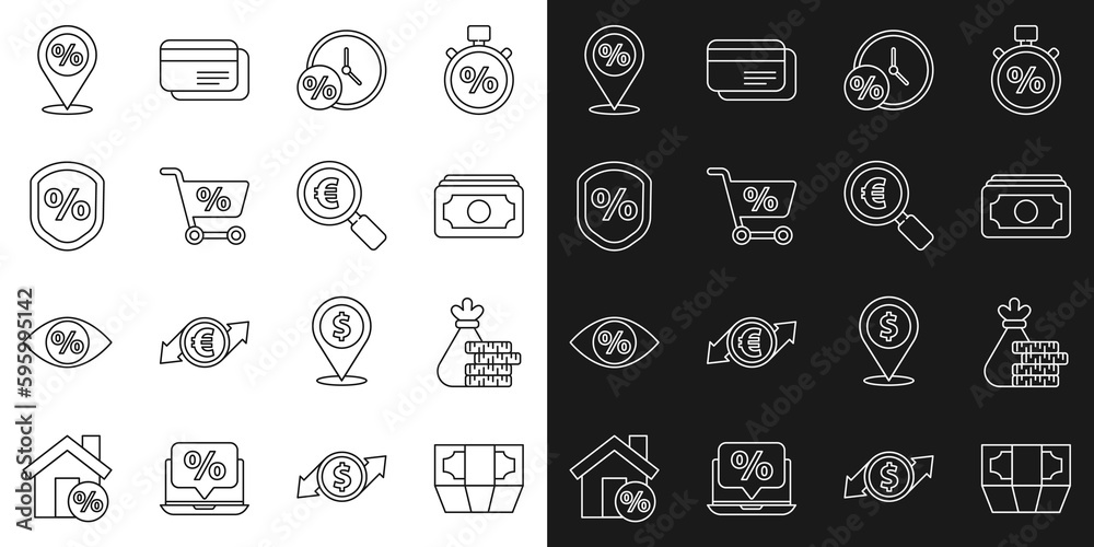 Set line Stacks paper money cash, Money bag and coin, Clock percent, Shopping cart, Loan, Location with discount and Magnifying glass euro icon. Vector