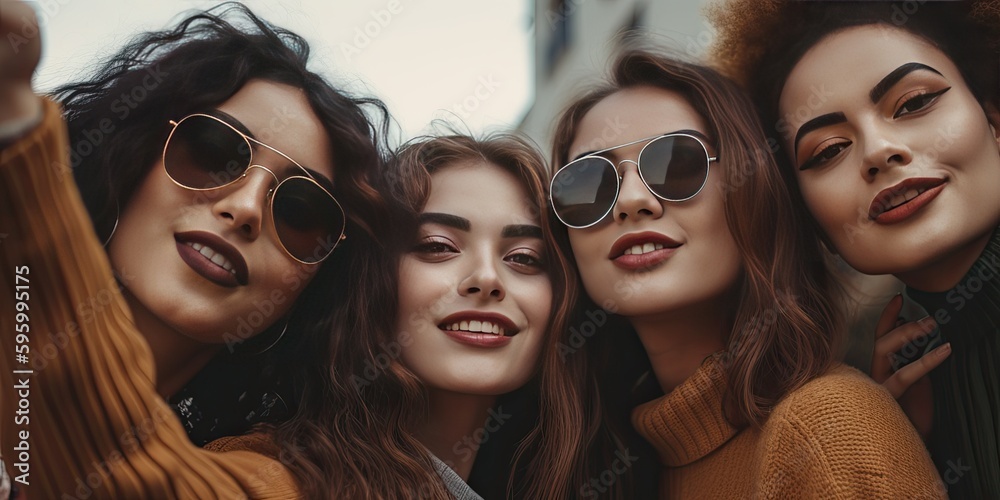 BIg Beautiful Women taking a group selfie in the city - Generative AI 