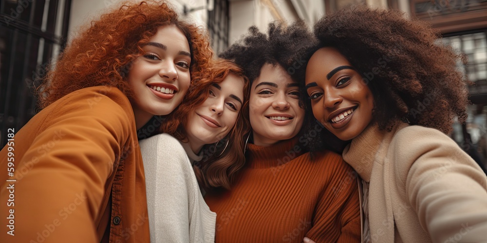 Fototapeta premium group of multi-ethic friends taking a selfie in the city - generative AI 