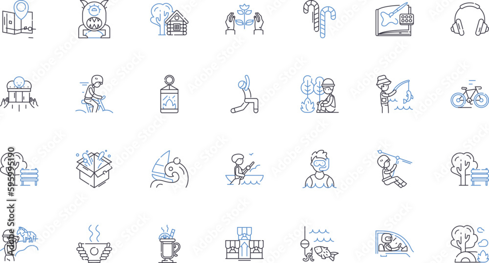 River cruises line icons collection. Scenery, Relaxation, Adventure, Exploration, Culture, Cuisine, Nature vector and linear illustration. Romance,History,Luxury outline signs set