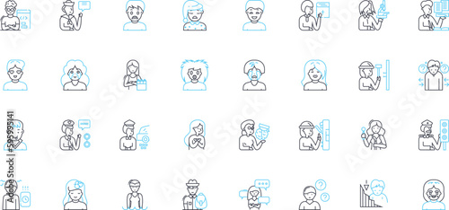 Sadness expressions linear icons set. anguish, despair, sorrow, grief, melancholy, heartache, misery line vector and concept signs. agony,sadness,woe outline illustrations