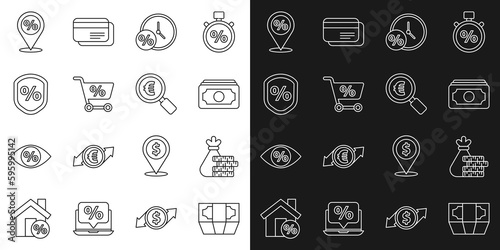 Set line Stacks paper money cash, Money bag and coin, Clock percent, Shopping cart, Loan, Location with discount and Magnifying glass euro icon. Vector