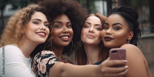 BIg Beautiful Women taking a group selfie in the city - Generative AI 