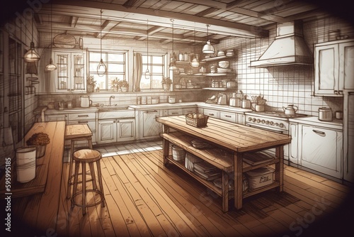 Sketch art of a kitchen interior for creative inspiration. Generative AI