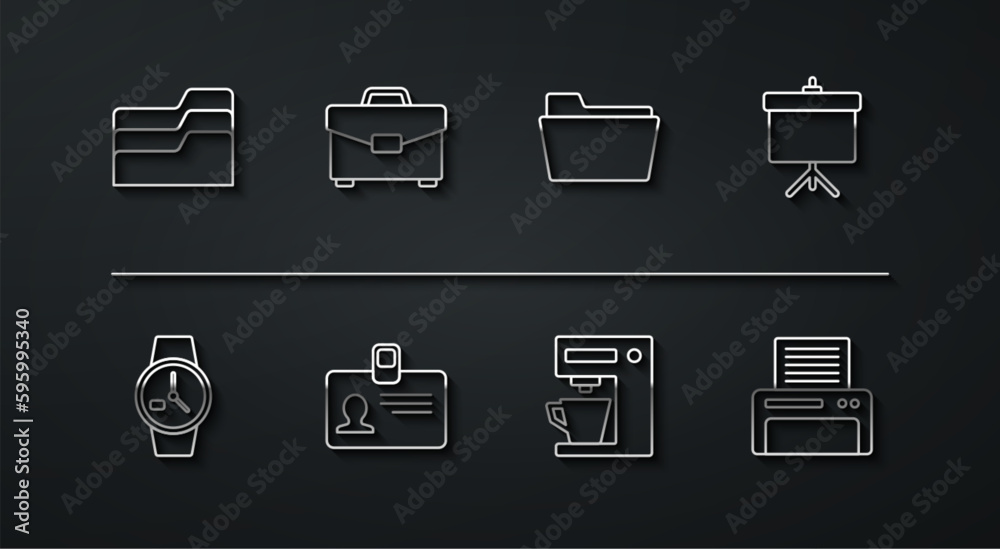 Set line Document folder, Wrist watch, Chalkboard with diagram, Coffee machine, Identification badge, Briefcase, Printer and icon. Vector Set line Document folder, Wrist watch, Chalkboard with diagram, Coffee machine, Identification badge, Briefcase, Printer and icon. Vector