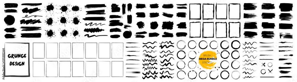Big set of black brush stroke elements. Brush circle, grunge frame - obrazy, fototapety, plakaty 