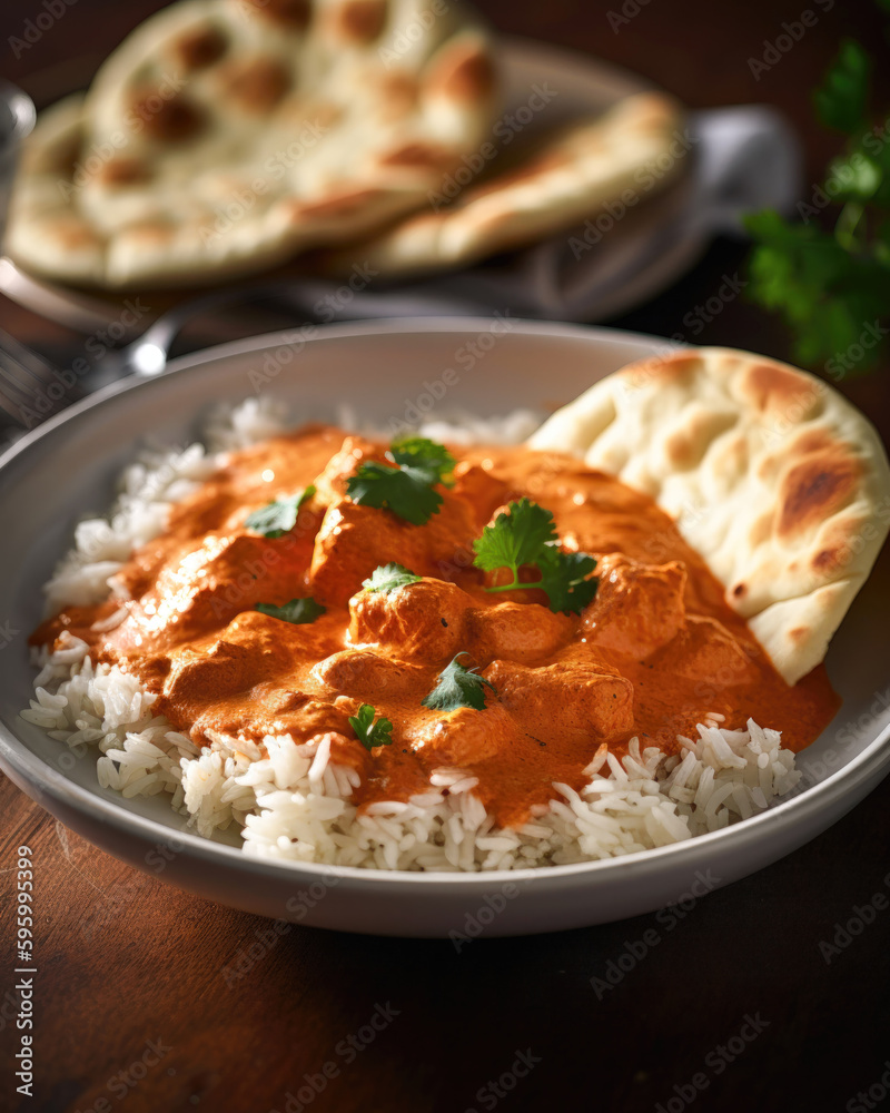 Chicken tikka masala served with rice and naan bread Chicken tikka masala served with rice and naan bread