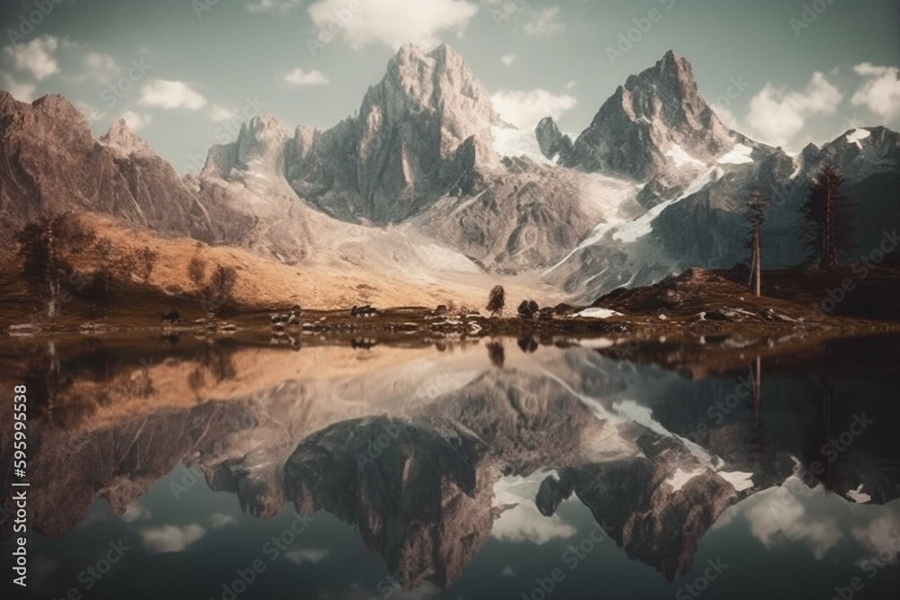 Beautiful mountain range mirrored in a serene lake. Generative AI