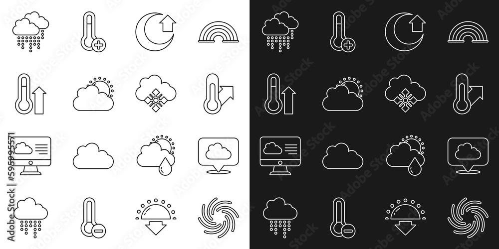 Set line Tornado, Location cloud, Meteorology thermometer, Moon, Sun and weather, Cloud with rain and snow icon. Vector