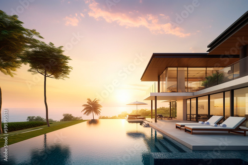 Sea view.Luxury modern white beach hotel with infinity swimming pool. Sunbed on sundeck for vacation home or hotel. Generative ai Edited  © Jezper