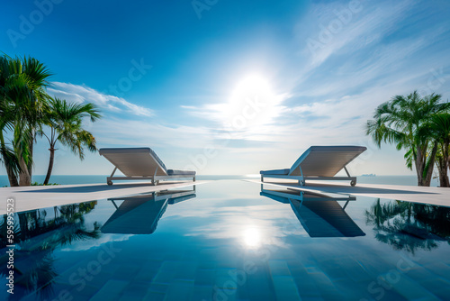 Two sun beds at infinity pool in the tropical resort, clear blue sky vacation background. Generative ai Edited 