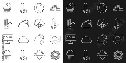 Set line Tornado  Location cloud  Meteorology thermometer  Moon  Sun and weather  Cloud with rain and snow icon. Vector