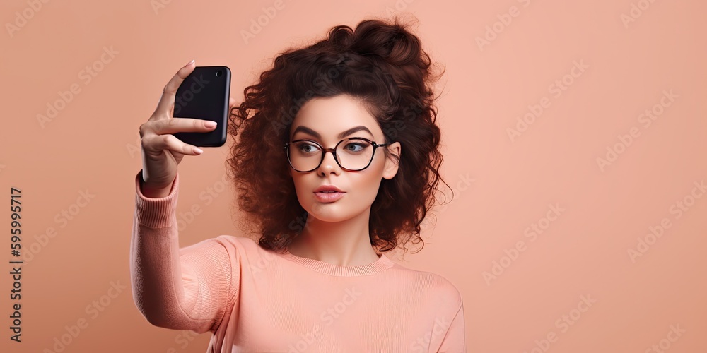 Fototapeta premium Beautiful plus-size woman taking a selfie photo - Generative AI