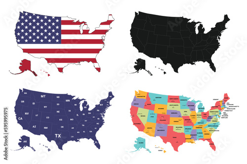 USA map. 
USA map with flag. 
USA map with black color.
United State map and 50 state with blue color
USA vector with high details, 50 multicolor state with capitals