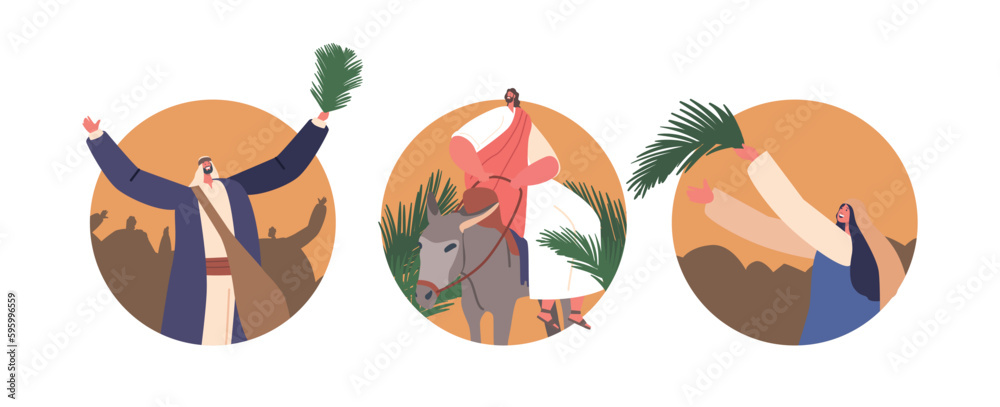 Round Icons with Biblical Scenes of Jesus Arrives In Jerusalem On A Donkey, While The Crowd Lays Down Palm Leaves Round Icons with Biblical Scenes of Jesus Arrives In Jerusalem On A Donkey, While The Crowd Lays Down Palm Leaves