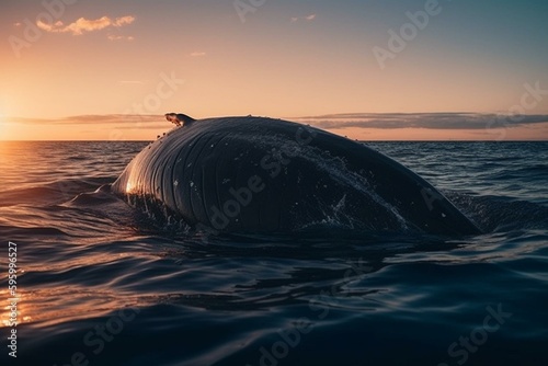 Golden hour side view of a blue whale in the ocean. Generative AI © Ismael