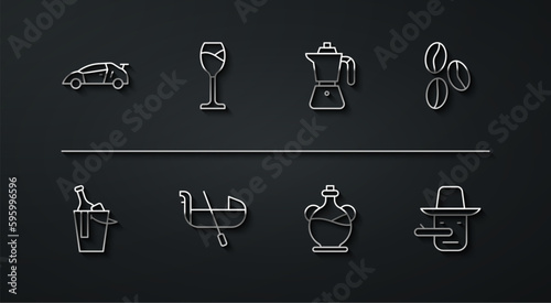Set line Sport racing car, Bottle of wine bucket, Coffee beans, olive oil, Gondola, Wine glass, Pinocchio and moca pot icon. Vector