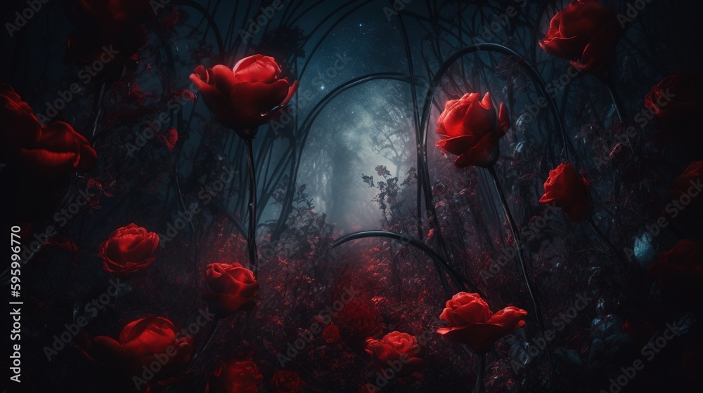 © Oleg - a dark forest with red roses in the foreground © Oleg - a dark forest with red roses in the foreground