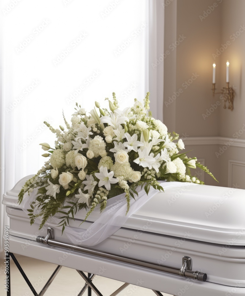 Closeup shot of a white casket in a hearse or chapel before funeral or burial at cemetery - obrazy, fototapety, plakaty 