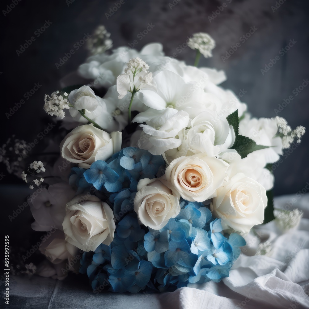 Obraz premium Bouquet with blue hydrangeas and white roses. Mother's Day Flowers Design concept.