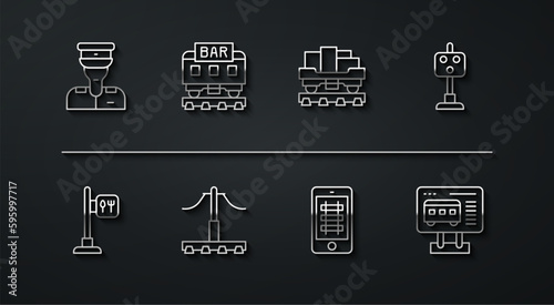 Set line Train conductor, Cafe and restaurant location, traffic light, Buy train ticket online, Railway, Restaurant, Ticket office buy tickets and Cargo wagon icon. Vector