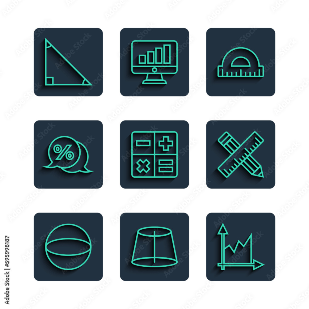 Set line Geometric figure Sphere, Graph, schedule, chart, diagram, Protractor, Calculator, Discount percent tag, Triangle math and Crossed ruler and pencil icon. Vector Set line Geometric figure Sphere, Graph, schedule, chart, diagram, Protractor, Calculator, Discount percent tag, Triangle math and Crossed ruler and pencil icon. Vector