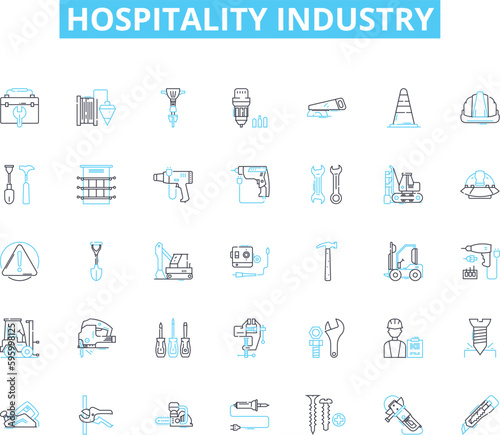 Hospitality industry linear icons set. Resorts, Restaurants, Accommodation, Vacation, Tourism, Casino, Spa line vector and concept signs. Hotels,Airline,Catering outline illustrations