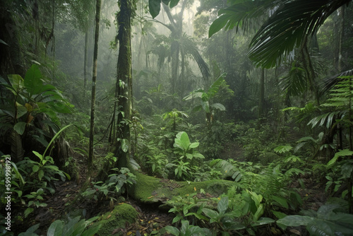 Misty Tropical Forest. Generative Ai