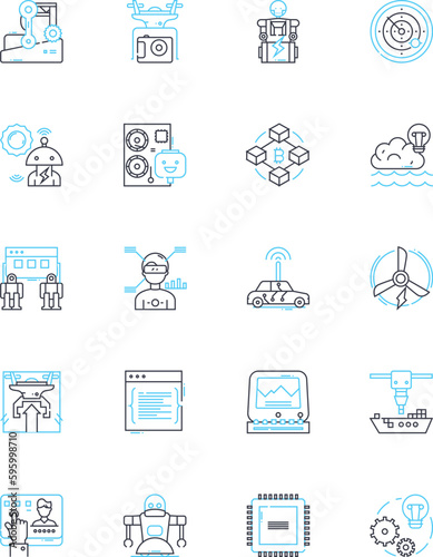 Flying robots linear icons set. Drs, Quadcopters, Hovercraft, Helicopters, Airborne, Unmanned, Aerial line vector and concept signs. Robotic,Autonomous,Surveillance outline illustrations